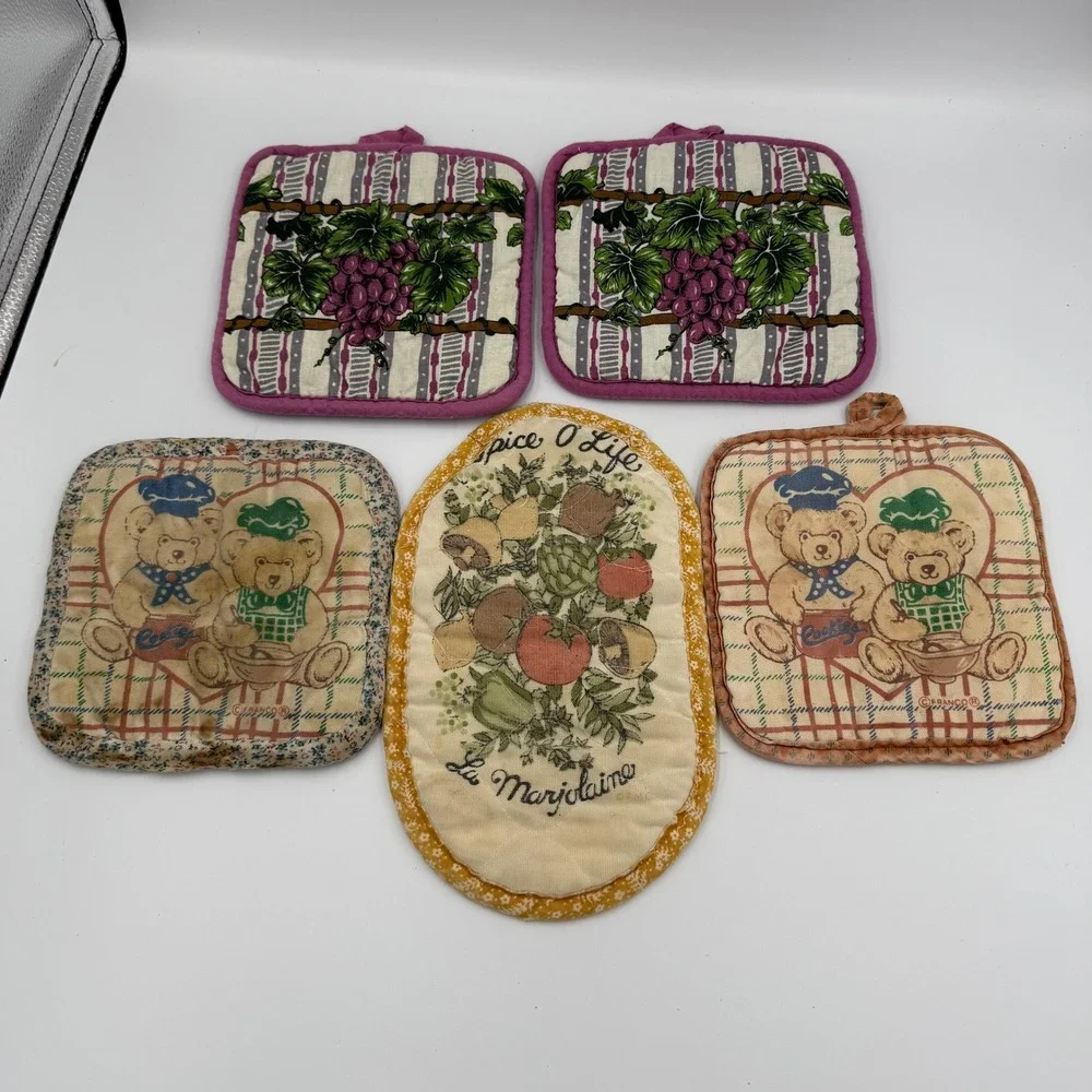 Vintage Potholder Lot of 5 Spice O Life Franco Bears Grapes Retro Kitchen Linens